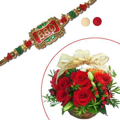 "Rakhi - FR- 8220 A (Single Rakhi), 15 Red Roses flower basket - Click here to View more details about this Product